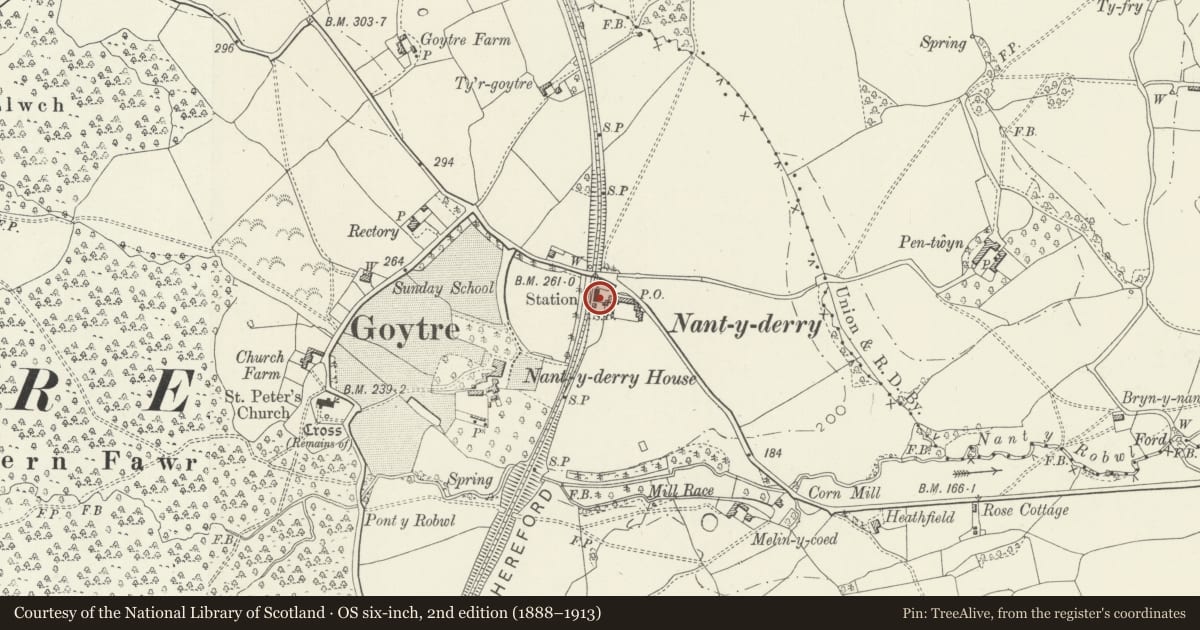 Ordnance Survey six-inch map, 2nd edition (1888–1913) covering the location of Nantyderry Station House, Goetre Fawr, Monmouthshire, with a pin at the register's coordinates