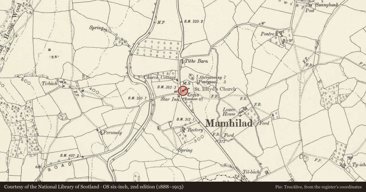 Ordnance Survey six-inch map, 2nd edition (1888–1913) covering the location of Churchyard Cross at Church of St Illtyd, Goetre Fawr, Monmouthshire, with a pin at the register's coordinates