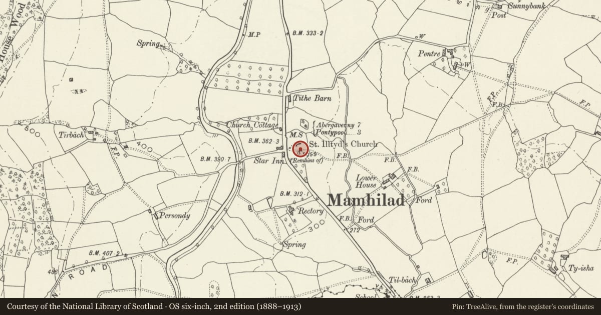 Ordnance Survey six-inch map, 2nd edition (1888–1913) covering the location of Tea Caddy Tomb with railings in Churchyard of Church of St. Illtyd, Goetre Fawr, Monmouthshire, with a pin at the register's coordinates