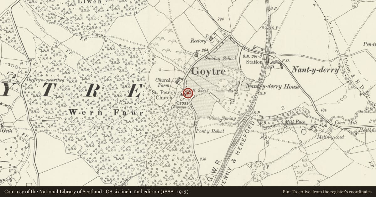 Ordnance Survey six-inch map, 2nd edition (1888–1913) covering the location of North Churchyard Cross at Church of St Peter, Goetre Fawr, Monmouthshire, with a pin at the register's coordinates