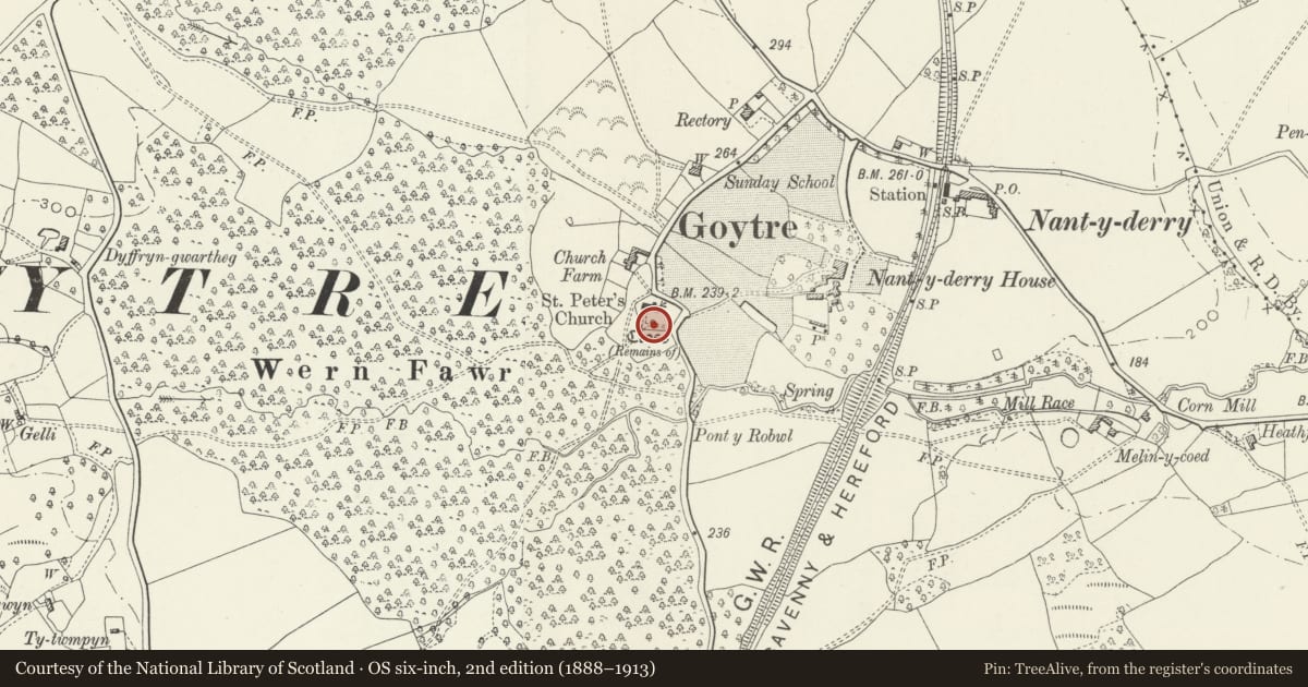 Ordnance Survey six-inch map, 2nd edition (1888–1913) covering the location of South Churchyard Cross at Church of St Peter, Goetre Fawr, Monmouthshire, with a pin at the register's coordinates
