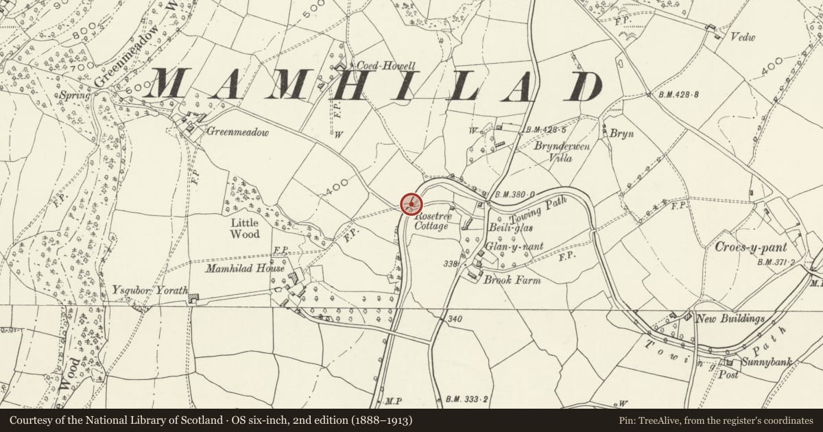 Ordnance Survey six-inch map, 2nd edition (1888–1913) covering the location of Bridge No. 64, Goetre Fawr, Monmouthshire, with a pin at the register's coordinates