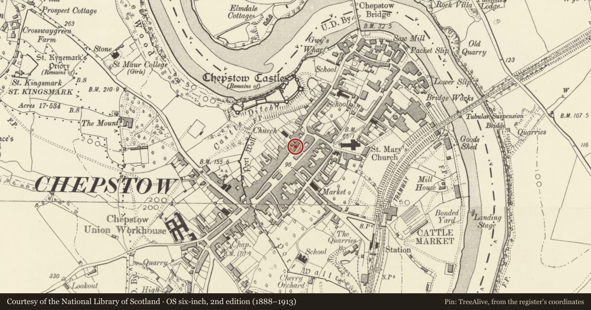 Ordnance Survey six-inch map, 2nd edition (1888–1913) covering the location of 12 Middle Street, Chepstow, Monmouthshire, with a pin at the register's coordinates