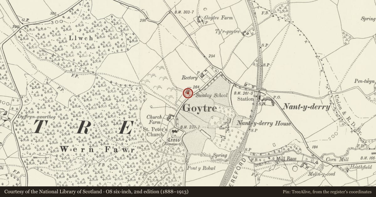 Ordnance Survey six-inch map, 2nd edition (1888–1913) covering the location of School House and School Cottage, Goetre Fawr, Monmouthshire, with a pin at the register's coordinates