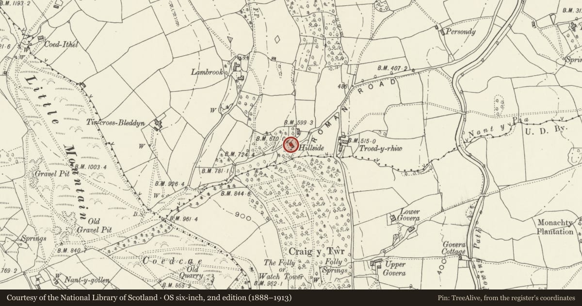 Ordnance Survey six-inch map, 2nd edition (1888–1913) covering the location of Keepers Lodge, Goetre Fawr, Monmouthshire, with a pin at the register's coordinates