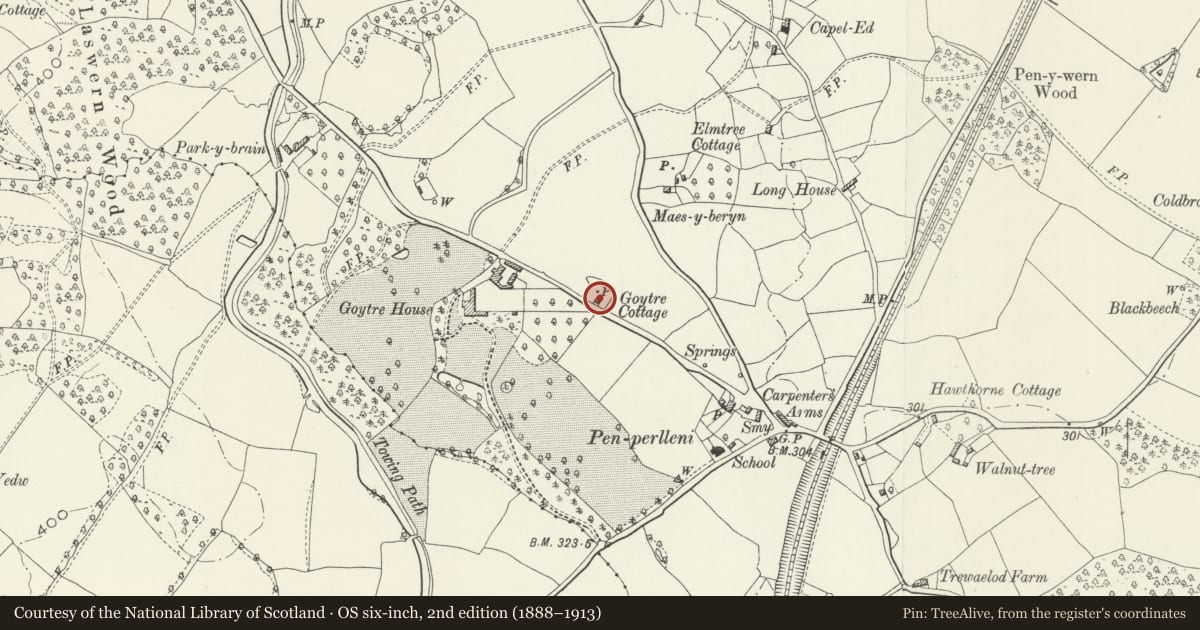 Ordnance Survey six-inch map, 2nd edition (1888–1913) covering the location of Goytre House Farmhouse, Goetre Fawr, Monmouthshire, with a pin at the register's coordinates
