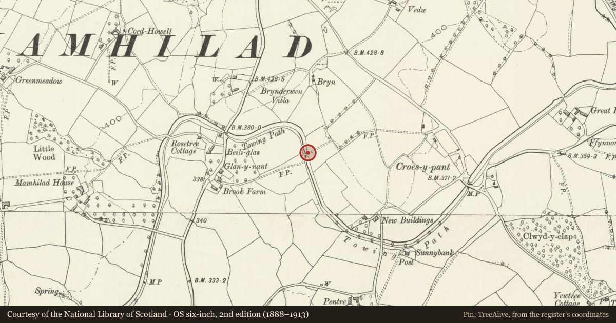 Ordnance Survey six-inch map, 2nd edition (1888–1913) covering the location of Bridge No. 66, Goetre Fawr, Monmouthshire, with a pin at the register's coordinates