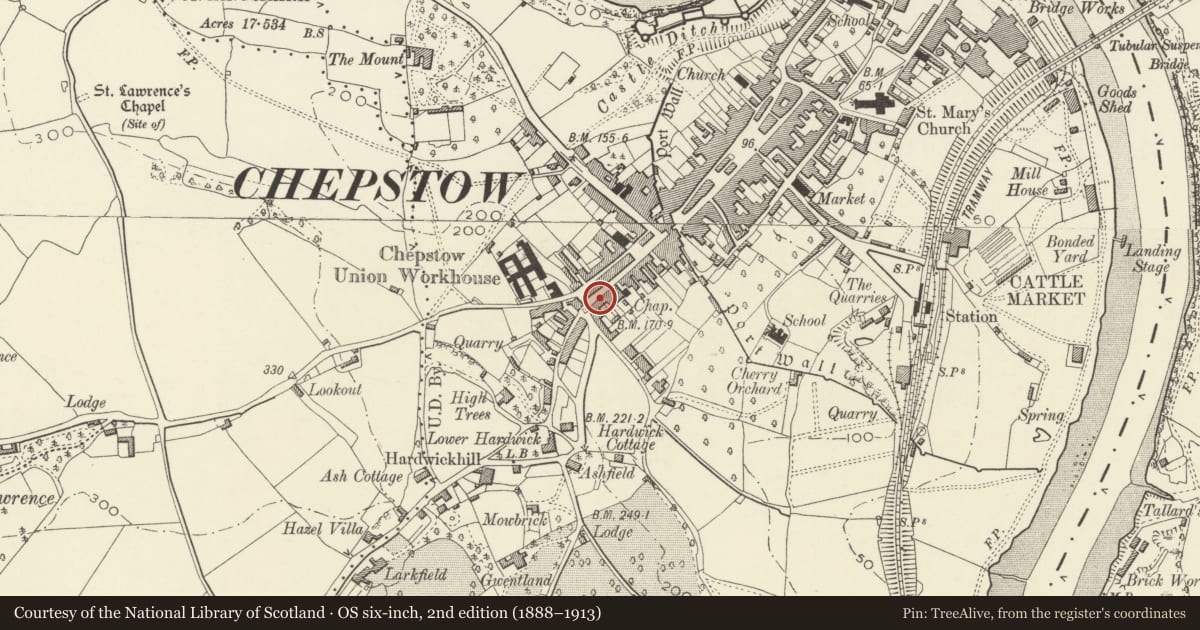 Ordnance Survey six-inch map, 2nd edition (1888–1913) covering the location of 3 Moor Street, Chepstow, Monmouthshire, with a pin at the register's coordinates