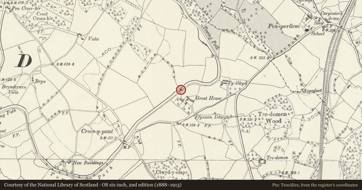Ordnance Survey six-inch map, 2nd edition (1888–1913) covering the location of Bridge No. 69, Goetre Fawr, Monmouthshire, with a pin at the register's coordinates
