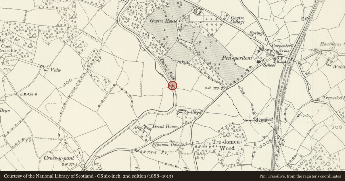Ordnance Survey six-inch map, 2nd edition (1888–1913) covering the location of Bridge No. 70, Goetre Fawr, Monmouthshire, with a pin at the register's coordinates