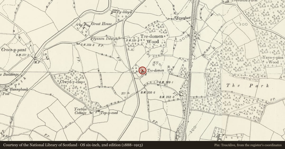 Ordnance Survey six-inch map, 2nd edition (1888–1913) covering the location of Tre-domen Farmhouse, Goetre Fawr, Monmouthshire, with a pin at the register's coordinates