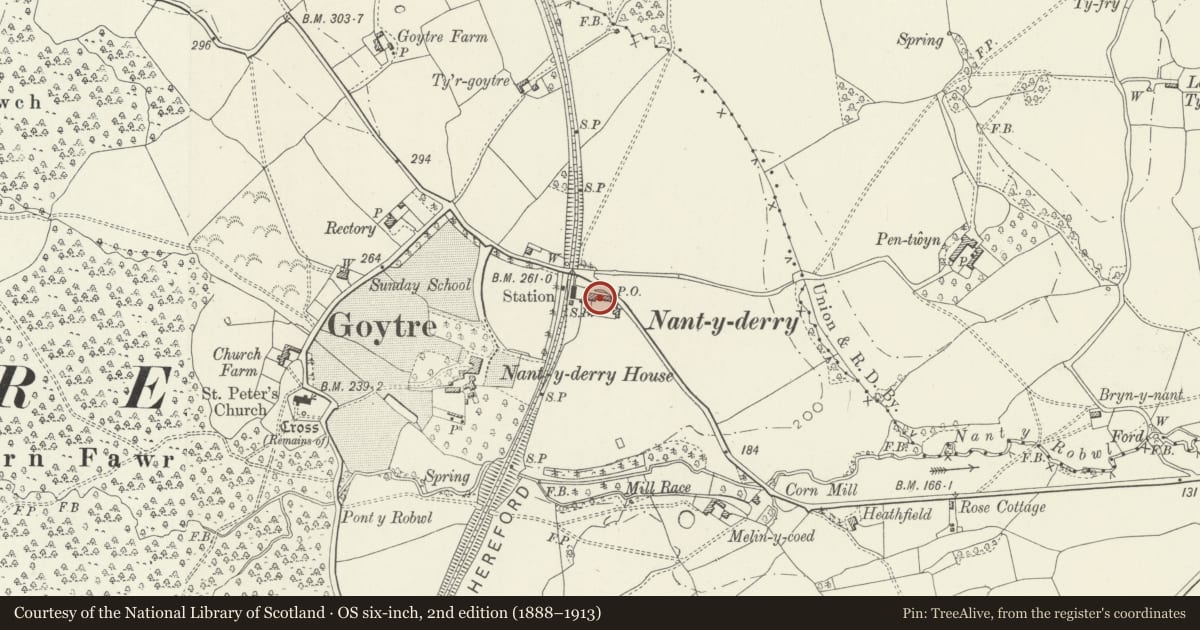 Ordnance Survey six-inch map, 2nd edition (1888–1913) covering the location of The Old Post Office, Goetre Fawr, Monmouthshire, with a pin at the register's coordinates