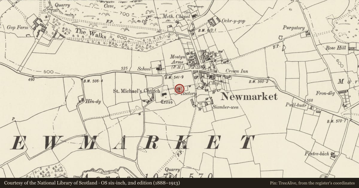 Ordnance Survey six-inch map, 2nd edition (1888–1913) covering the location of Stable at Faenol Fach, Trelawnyd and Gwaenysgor, Flintshire, with a pin at the register's coordinates