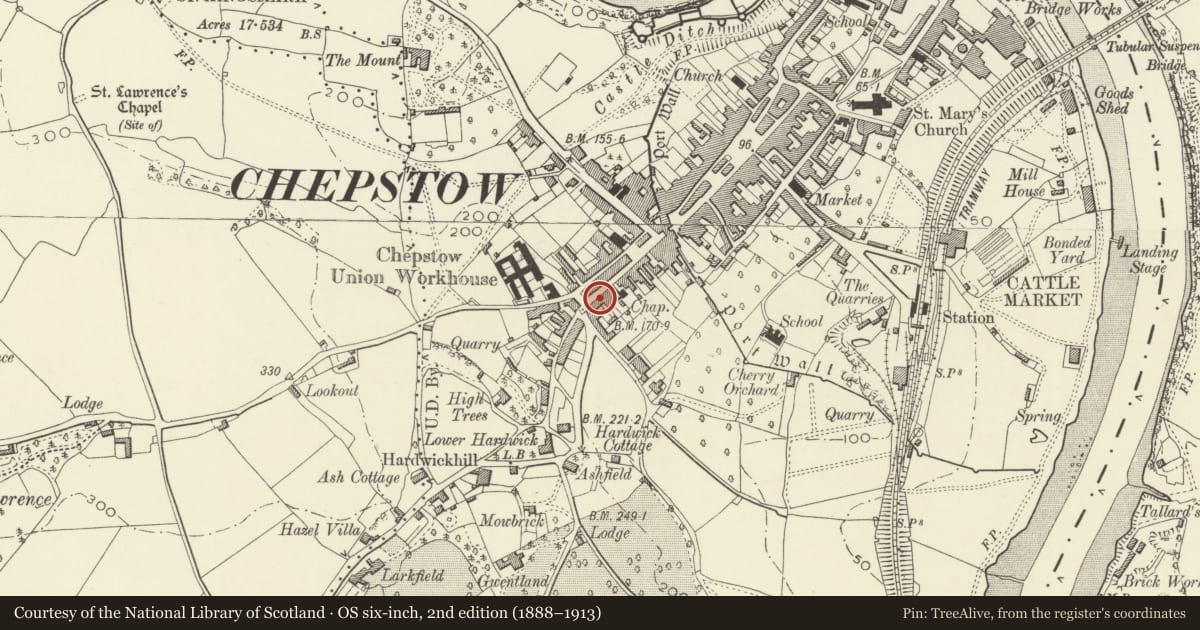 Ordnance Survey six-inch map, 2nd edition (1888–1913) covering the location of 4 Moor Street, Chepstow, Monmouthshire, with a pin at the register's coordinates