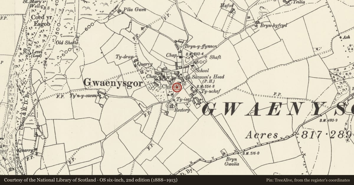 Ordnance Survey six-inch map, 2nd edition (1888–1913) covering the location of Sundial in the churchyard of the Church of St Mary, Trelawnyd and Gwaenysgor, Flintshire, with a pin at the register's coordinates