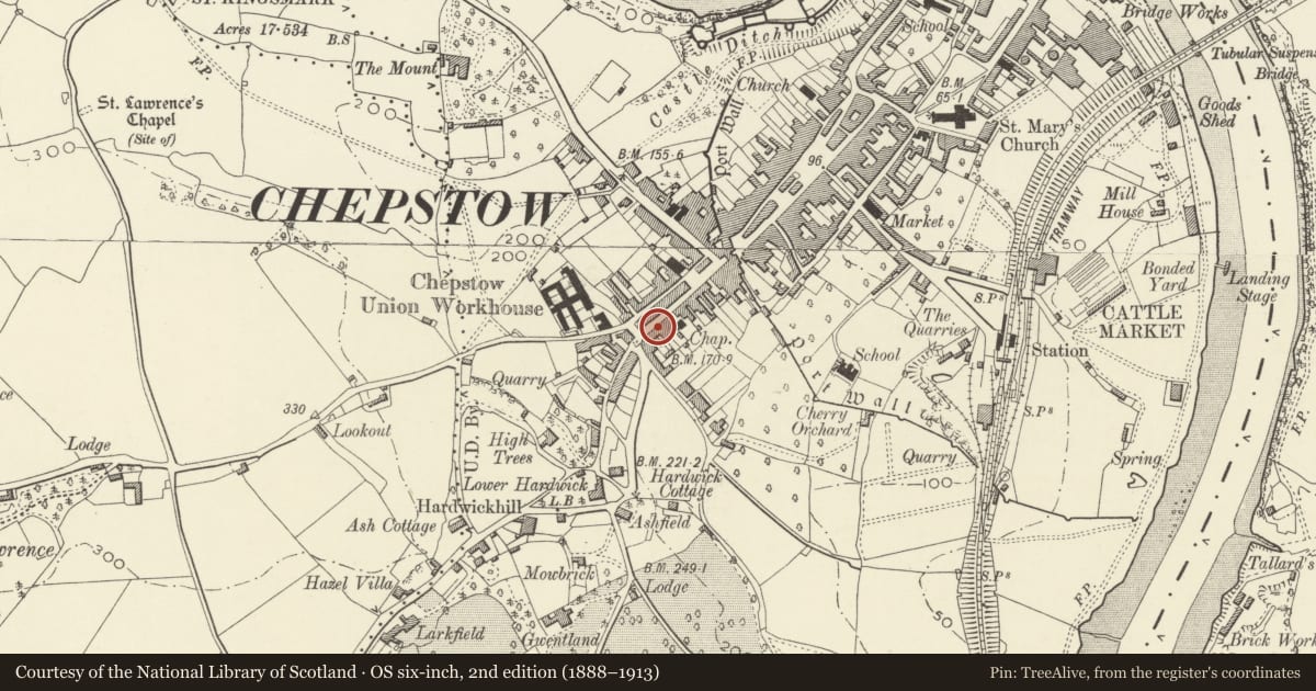 Ordnance Survey six-inch map, 2nd edition (1888–1913) covering the location of 5 Moor Street, Chepstow, Monmouthshire, with a pin at the register's coordinates