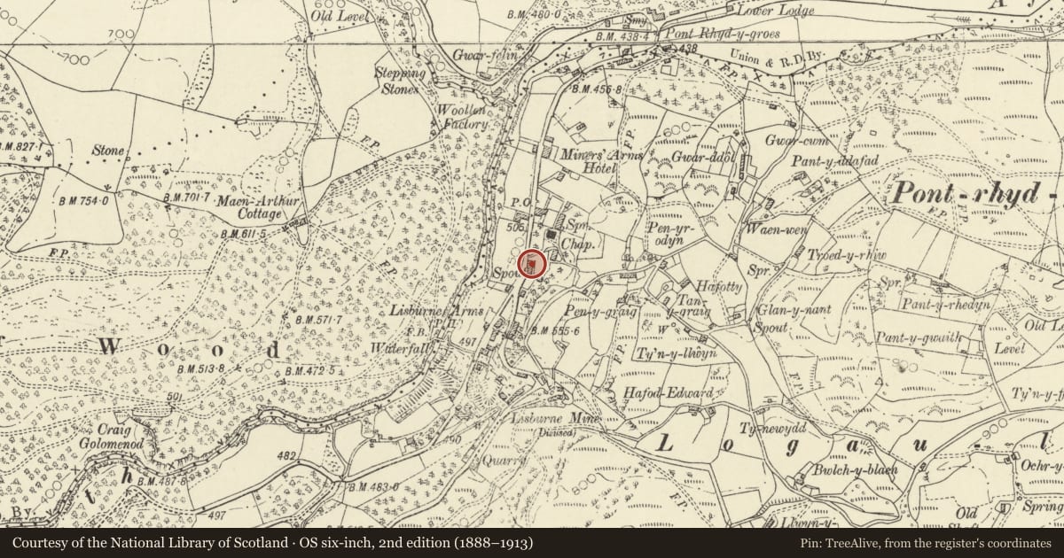 Ordnance Survey six-inch map, 2nd edition (1888–1913) covering the location of The Old Post Office, Ysbyty Ystwyth, Ceredigion, with a pin at the register's coordinates