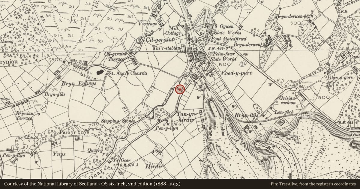 Ordnance Survey six-inch map, 2nd edition (1888–1913) covering the location of Dam to SW of former Felin Fawr Slate Works, Llandygai, Gwynedd, with a pin at the register's coordinates