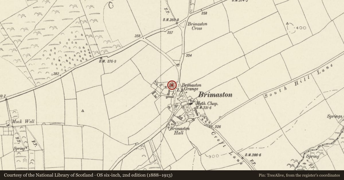 Ordnance Survey six-inch map, 2nd edition (1888–1913) covering the location of Brimaston Grange, Hayscastle, Pembrokeshire, with a pin at the register's coordinates