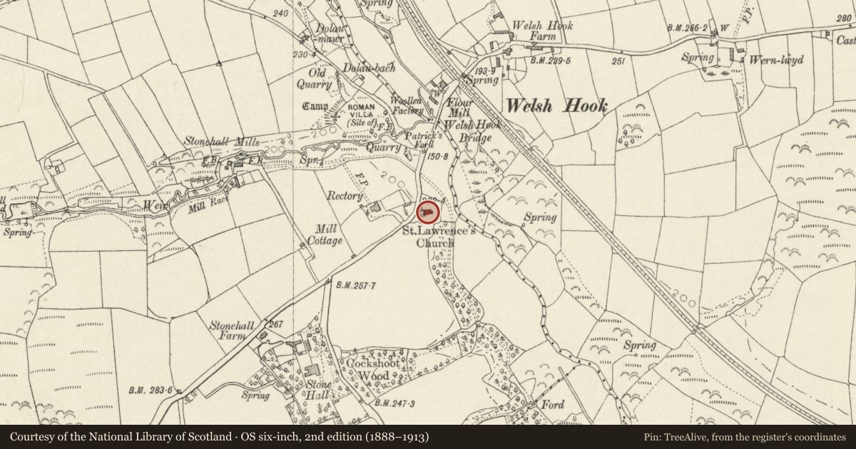 Ordnance Survey six-inch map, 2nd edition (1888–1913) covering the location of Church of Saint Lawrence, Hayscastle, Pembrokeshire, with a pin at the register's coordinates