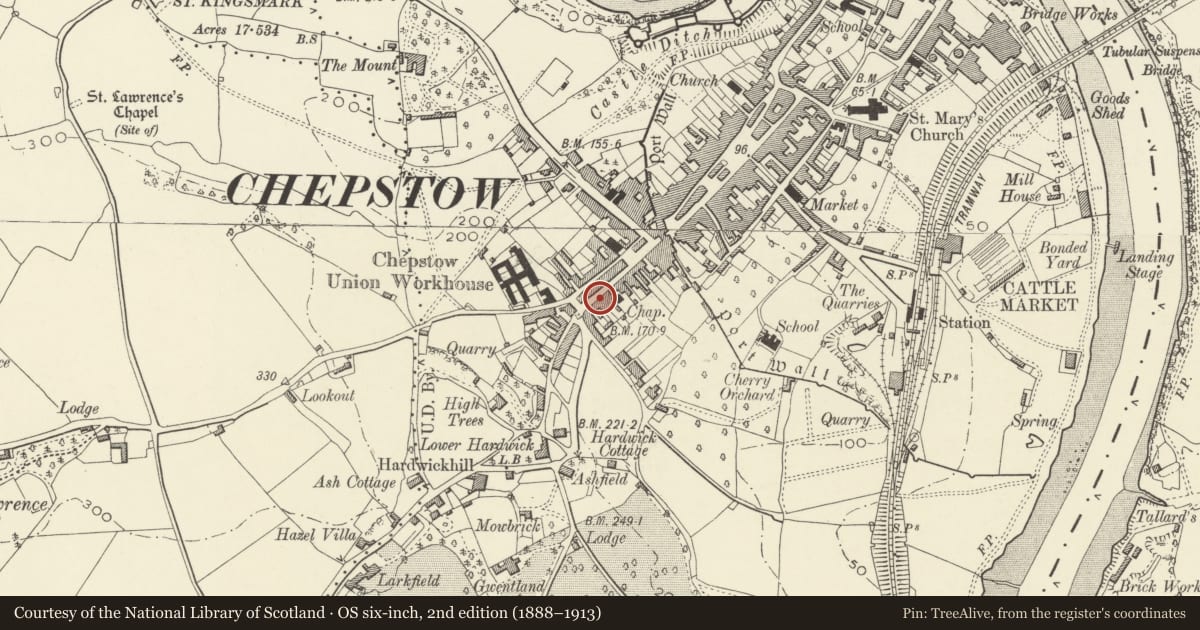 Ordnance Survey six-inch map, 2nd edition (1888–1913) covering the location of 6 Moor Street, Chepstow, Monmouthshire, with a pin at the register's coordinates