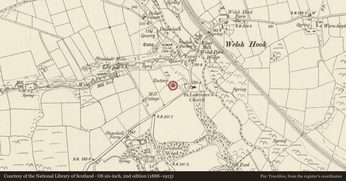 Ordnance Survey six-inch map, 2nd edition (1888–1913) covering the location of Saint Lawrence House, Hayscastle, Pembrokeshire, with a pin at the register's coordinates