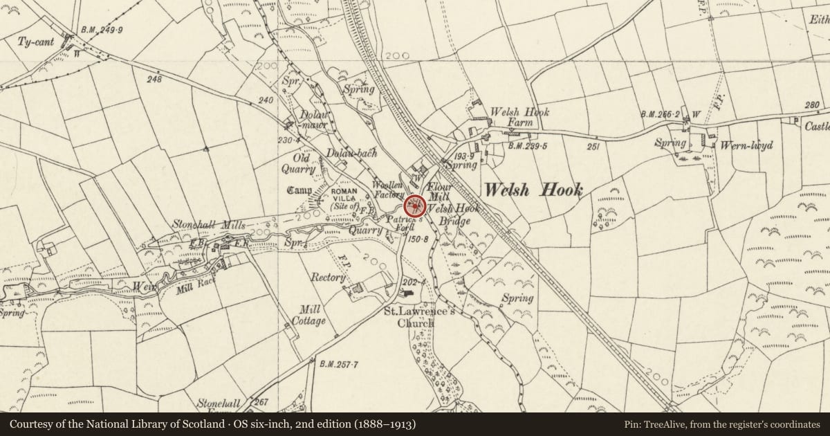 Ordnance Survey six-inch map, 2nd edition (1888–1913) covering the location of Welsh Hook Bridge (partly in Wolfscastle community), Hayscastle, Pembrokeshire, with a pin at the register's coordinates