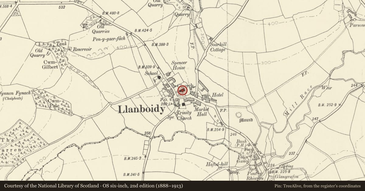 Ordnance Survey six-inch map, 2nd edition (1888–1913) covering the location of Church of Saint Brynach, Llanboidy, Carmarthenshire, with a pin at the register's coordinates