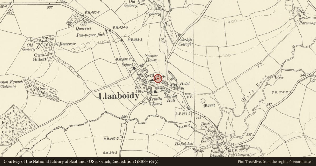 Ordnance Survey six-inch map, 2nd edition (1888–1913) covering the location of W.r. H. Powell memorial in churchyard and iron railings, Llanboidy, Carmarthenshire, with a pin at the register's coordinates