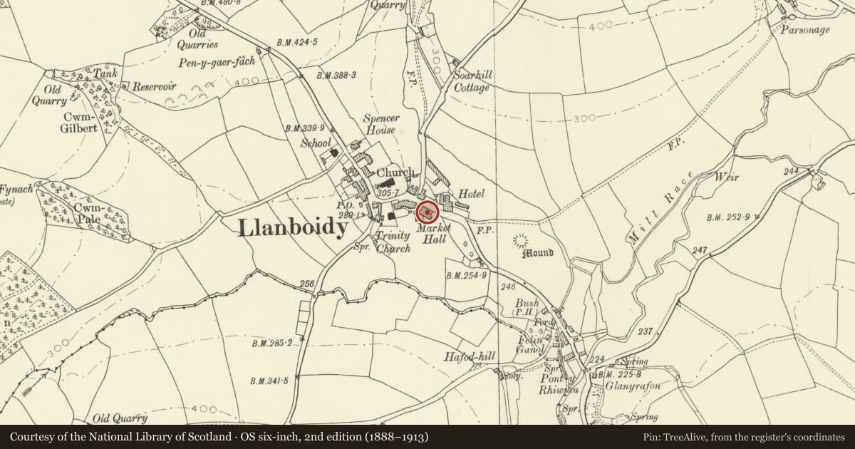 Ordnance Survey six-inch map, 2nd edition (1888–1913) covering the location of The Market Hall, Llanboidy, Carmarthenshire, with a pin at the register's coordinates
