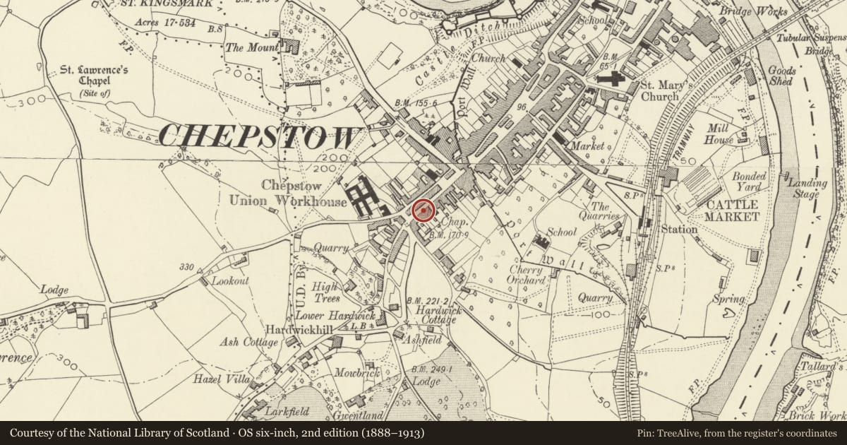 Ordnance Survey six-inch map, 2nd edition (1888–1913) covering the location of 7 Moor Street, Chepstow, Monmouthshire, with a pin at the register's coordinates