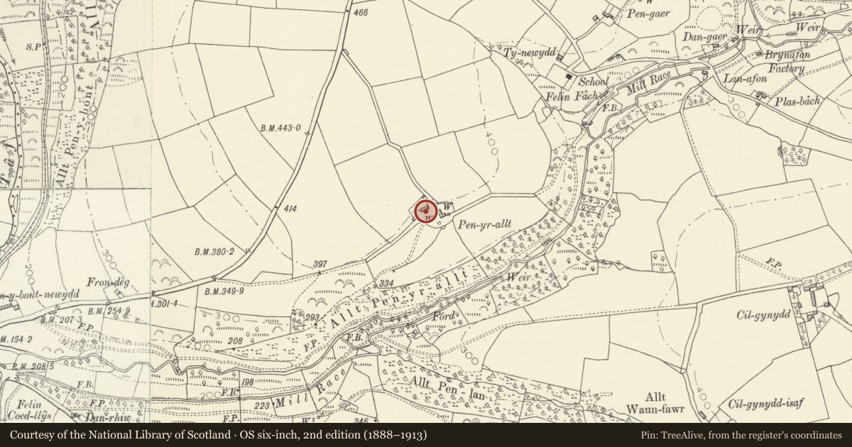 Ordnance Survey six-inch map, 2nd edition (1888–1913) covering the location of Penrallt (old farmhouse), Llanboidy, Carmarthenshire, with a pin at the register's coordinates