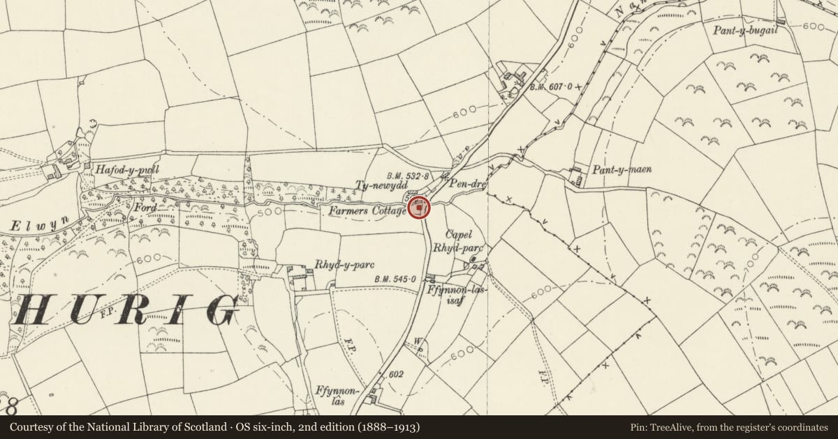 Ordnance Survey six-inch map, 2nd edition (1888–1913) covering the location of Farmers, Llanboidy, Carmarthenshire, with a pin at the register's coordinates