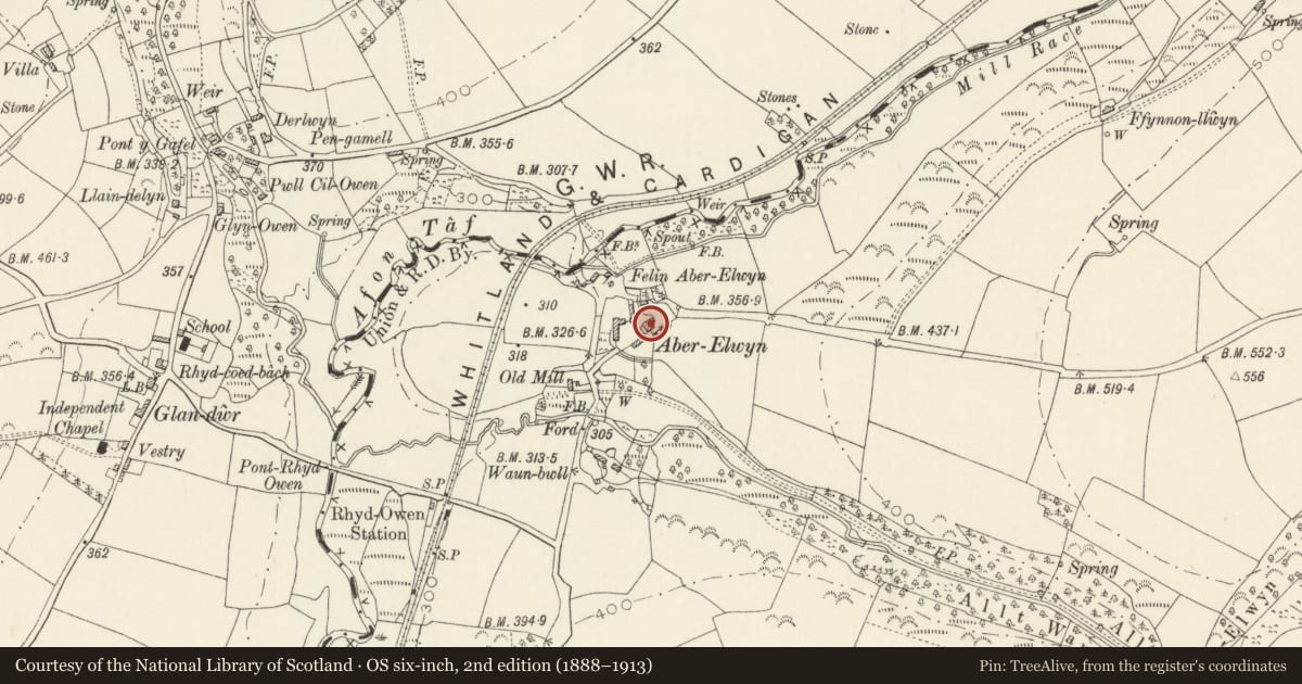 Ordnance Survey six-inch map, 2nd edition (1888–1913) covering the location of Aberelwyn, Llanboidy, Carmarthenshire, with a pin at the register's coordinates