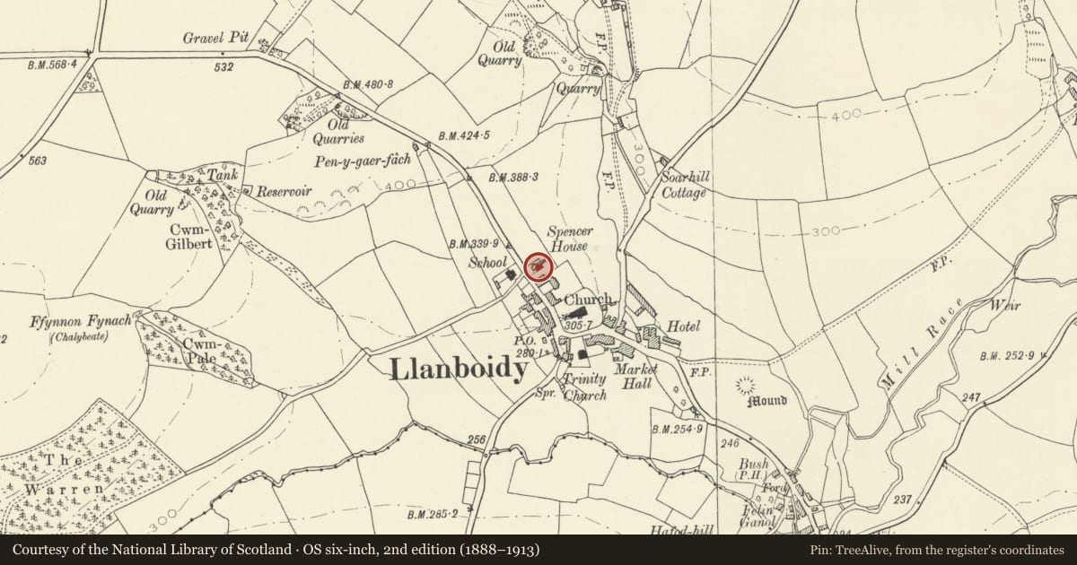 Ordnance Survey six-inch map, 2nd edition (1888–1913) covering the location of Spencer House, Llanboidy, Carmarthenshire, with a pin at the register's coordinates