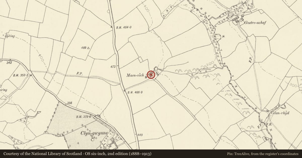 Ordnance Survey six-inch map, 2nd edition (1888–1913) covering the location of Maencoch, Llanboidy, Carmarthenshire, with a pin at the register's coordinates