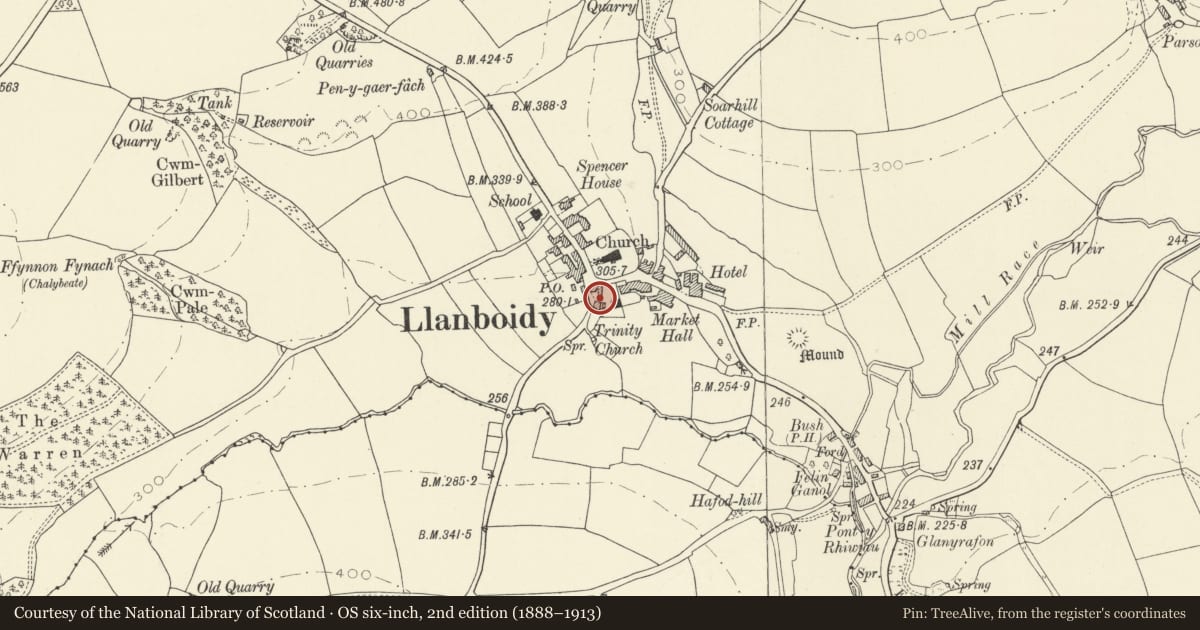 Ordnance Survey six-inch map, 2nd edition (1888–1913) covering the location of Cartref, Llanboidy, Carmarthenshire, with a pin at the register's coordinates