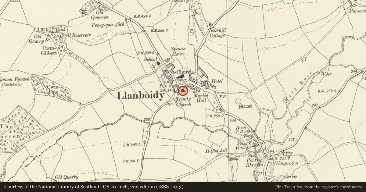 Ordnance Survey six-inch map, 2nd edition (1888–1913) covering the location of Trinity Independent Chapel, Llanboidy, Carmarthenshire, with a pin at the register's coordinates