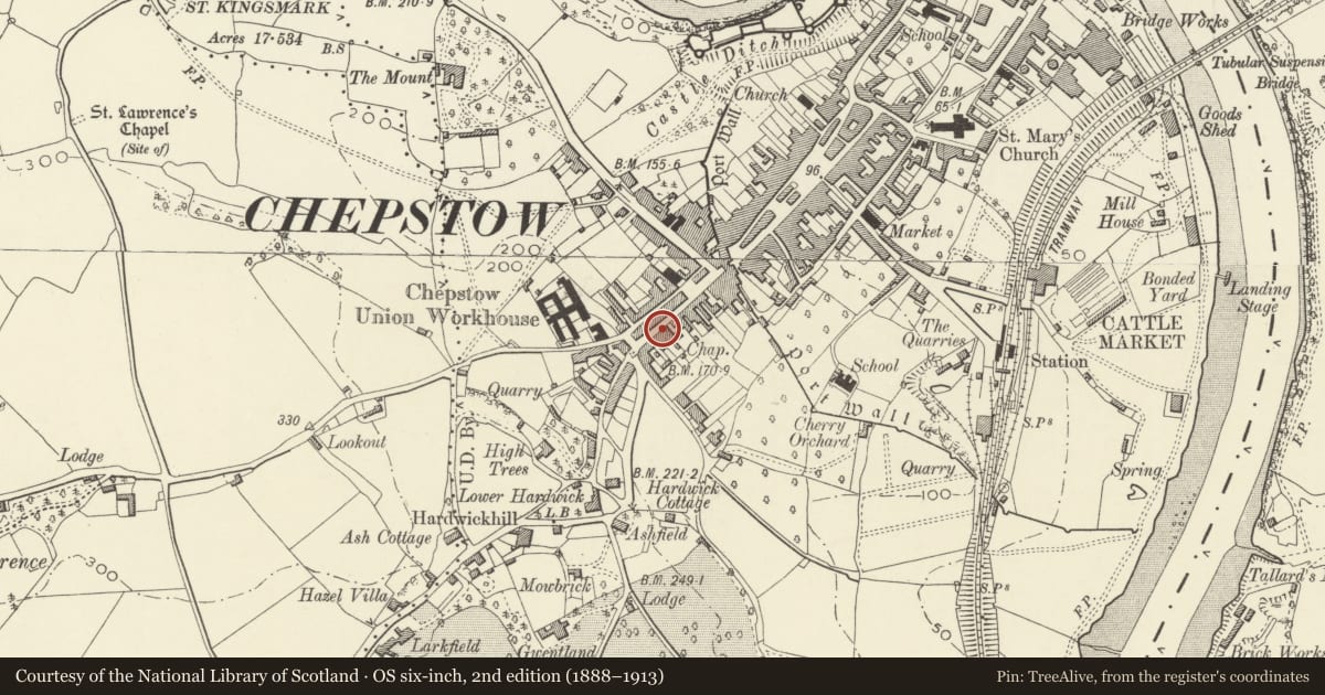 Ordnance Survey six-inch map, 2nd edition (1888–1913) covering the location of 8 Moor Street, Chepstow, Monmouthshire, with a pin at the register's coordinates