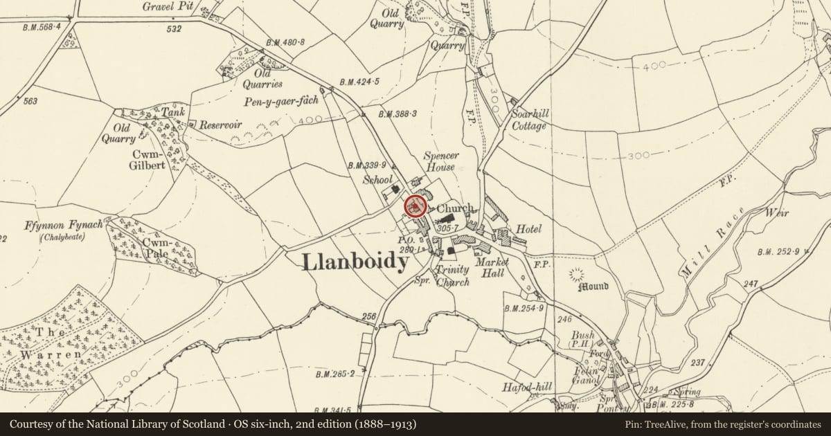 Ordnance Survey six-inch map, 2nd edition (1888–1913) covering the location of Bradford House, Llanboidy, Carmarthenshire, with a pin at the register's coordinates