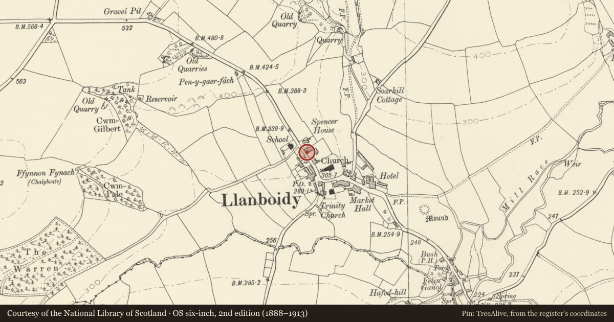 Ordnance Survey six-inch map, 2nd edition (1888–1913) covering the location of 1 Piccadilly Square, Llanboidy, Carmarthenshire, with a pin at the register's coordinates