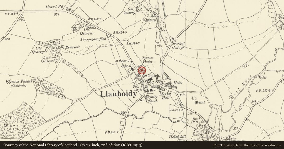 Ordnance Survey six-inch map, 2nd edition (1888–1913) covering the location of 4 Piccadilly Square, Llanboidy, Carmarthenshire, with a pin at the register's coordinates