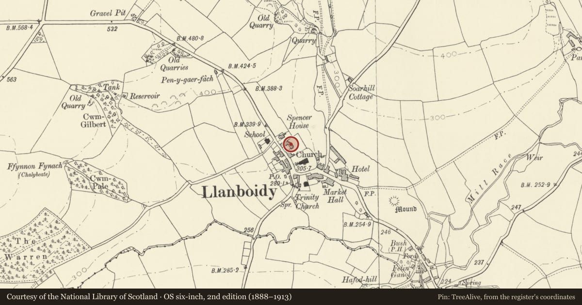 Ordnance Survey six-inch map, 2nd edition (1888–1913) covering the location of Llwynonn, Llanboidy, Carmarthenshire, with a pin at the register's coordinates