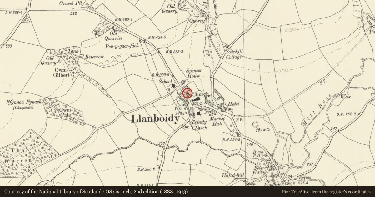 Ordnance Survey six-inch map, 2nd edition (1888–1913) covering the location of Neuadd Deg, Llanboidy, Carmarthenshire, with a pin at the register's coordinates