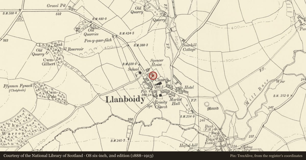 Ordnance Survey six-inch map, 2nd edition (1888–1913) covering the location of Dolgarreg, Llanboidy, Carmarthenshire, with a pin at the register's coordinates
