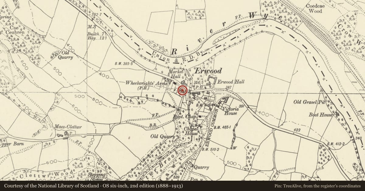 Ordnance Survey six-inch map, 2nd edition (1888–1913) covering the location of Pleasant View, Erwood, Powys, with a pin at the register's coordinates