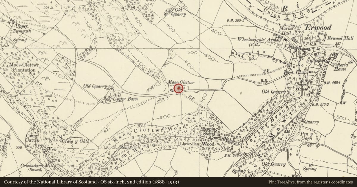 Ordnance Survey six-inch map, 2nd edition (1888–1913) covering the location of Maesclettwr, Erwood, Powys, with a pin at the register's coordinates