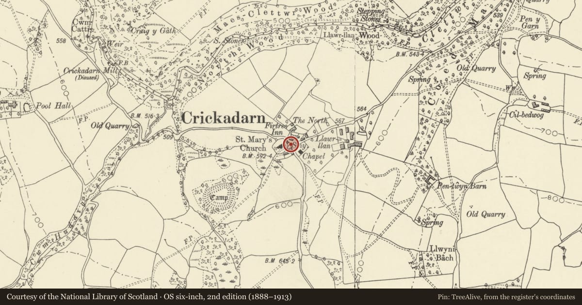 Ordnance Survey six-inch map, 2nd edition (1888–1913) covering the location of Telephone Call-box at Crickadarn (01982 560254), Erwood, Powys, with a pin at the register's coordinates