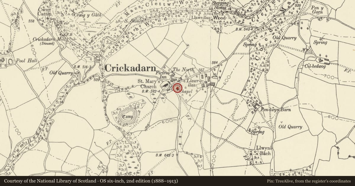 Ordnance Survey six-inch map, 2nd edition (1888–1913) covering the location of Hebron Congregational Chapel, Erwood, Powys, with a pin at the register's coordinates