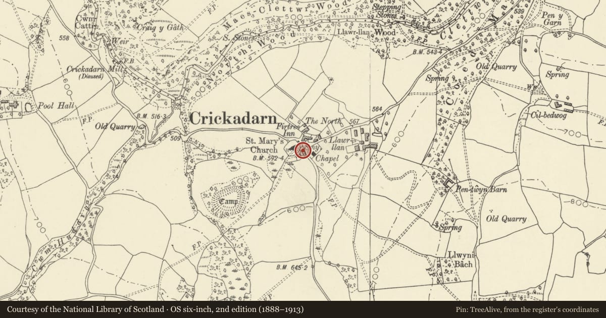 Ordnance Survey six-inch map, 2nd edition (1888–1913) covering the location of Corner House, Erwood, Powys, with a pin at the register's coordinates